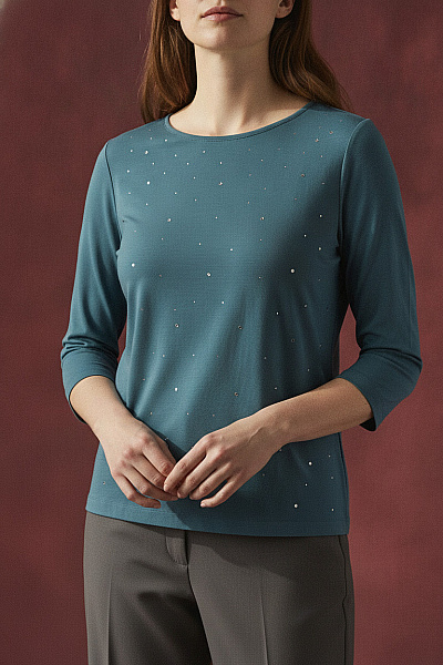 COUTURE LINE Modré Dámské Tričko S Tříčtvrtečním Rukávem A Kamínky Vel. 42