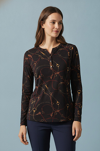 COUTURE LINE Dámské Tričko S Dlouhým Rukávem Henley Potiskem řetězů Velikost 44
