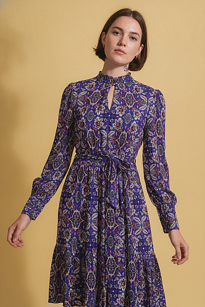 Marcel By Ostertag Modré Midi šaty S Dlouhým Rukávem Boho Vzorované Velikost 34