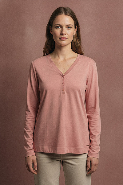 THOM By Thomas Rath Dámské Růžové Tričko S Dlouhým Rukávem Henley Basic Vel. DE 40