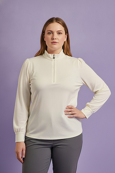 PFEFFINGER Bílá Elegantní Halenka Na Zip Se Stojáčkem A Dlouhými Rukávy Velikost 48