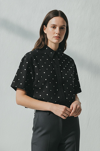C'est Tout Černá Dámská Košile S Krátkým Rukávem A Cvočky Oversized Crop Vel. EU 38