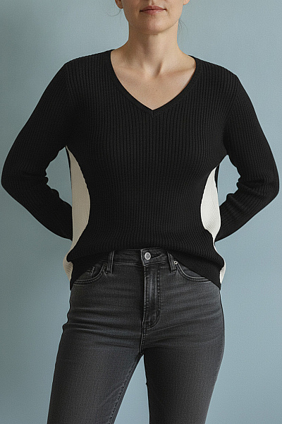 Belinda Gold Černobílá Dámská Halenka S Dlouhým Rukávem A Výstřihem Do V Vel. 48