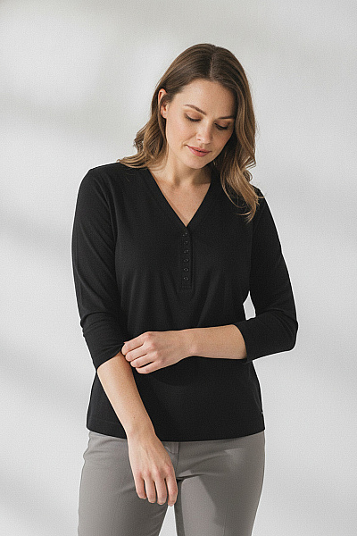 THOM By Thomas Rath Černé Dámské Tričko S Dlouhým Rukávem A Knoflíky Henley Velikost 46