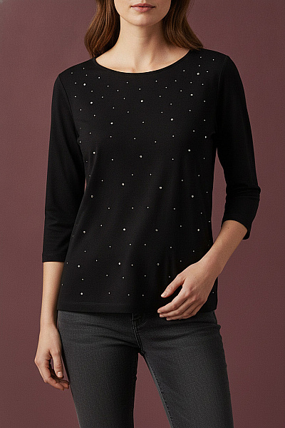COUTURE LINE Černá Elegantní Halenka S Kamínky A 3/4 Rukávem Vel. 40