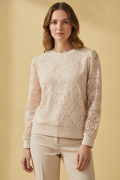 Judith Williams Béžová Krajková Mikina S Dlouhým Rukávem Elegantní Crewneck Vel. 40