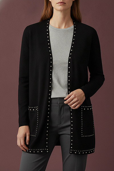 PFEFFINGER Černý Dámský Kardigan S Cvočky Dlouhý Elegantní Vel. 46