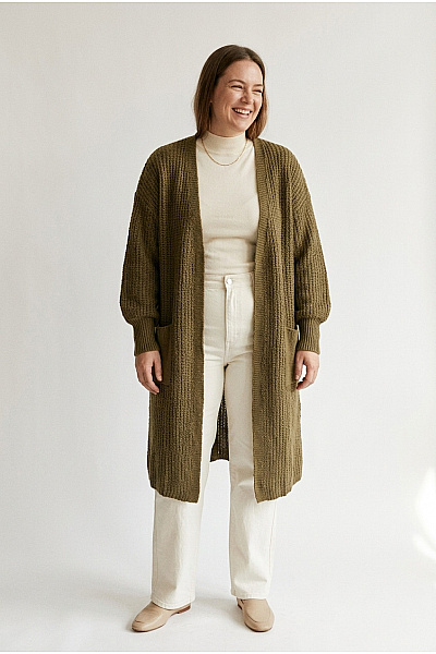 Curvy Me Dámský Khaki Pletený Kardigan Oversized S Balonovými Rukávy Velikost DE 40