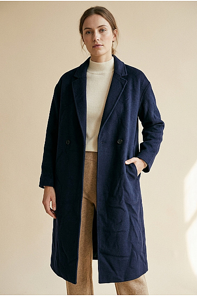 C'est Tout Dámský Vlněný Dvouřadý Kabát Dlouhý Elegantní Modrý Velikost EU 36