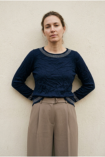 PFEFFINGER Modrý Dámský Pulovr S Kamínky Elegantní Vel. EU 40