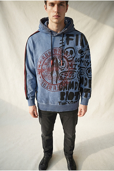 RUSTY NEAL Pánská Modrá Mikina S Kapucí A Potiskem Streetwear Vel. L