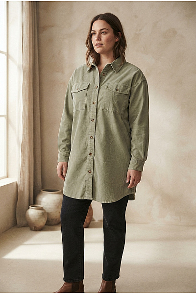 URBAN CLASSICS Dámská Khaki Manšestrová Košilová Bunda Oversize Vel. M
