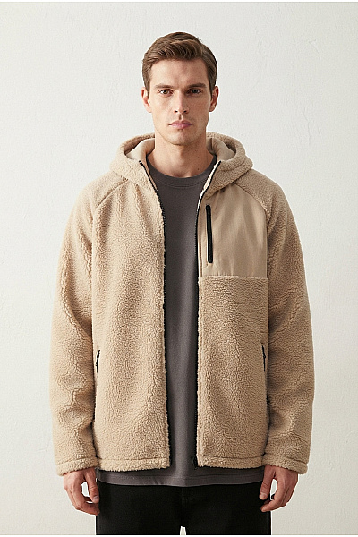 URBAN CLASSICS Béžová Pánská Mikina S Kapucí Na Zip Oversize Chlupatá Velikost 4XL