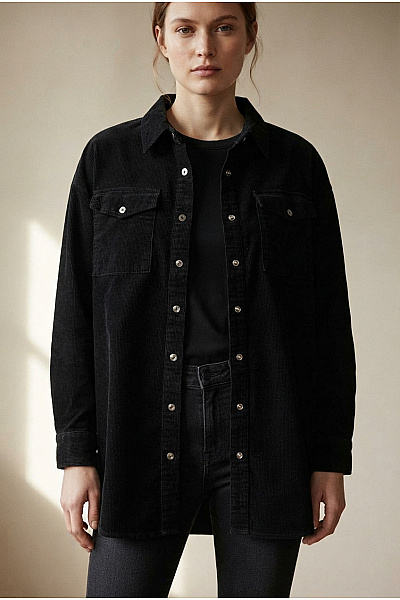 URBAN CLASSICS Černá Manšestrová Košilová Bunda Oversize Vel. M