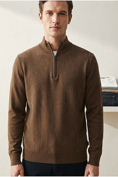 Hugo Boss Pánský Hnědý Vlněný Pulovr Se Stojáčkem Na Zip Velikost L