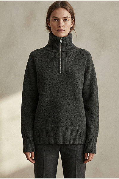 Marc O´Polo Dámský Vlněný Pulovr Na Zip Khaki Se Stojáčkem Velikost XS