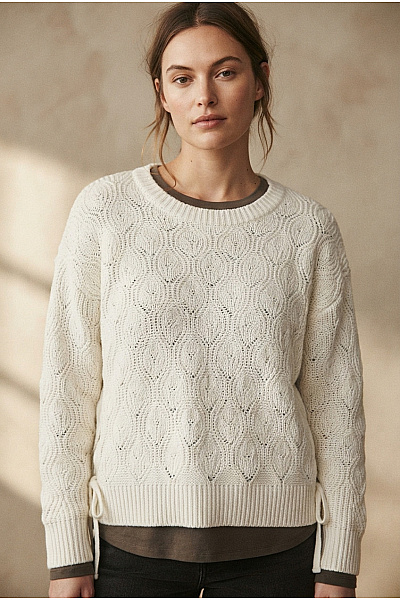 TOM TAILOR Bílý Pletený Pulovr S Ažurovým Vzorem A šněrováním Vel. XL