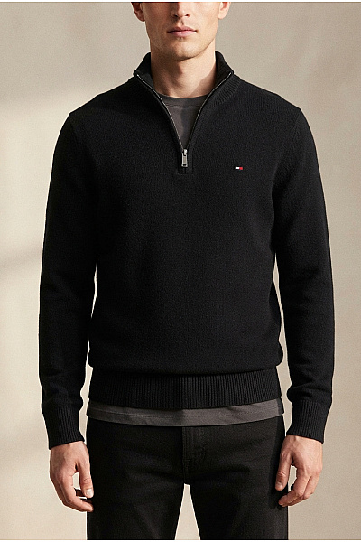 TOMMY HILFIGER Černý Vlněný Pulovr Se Stojáčkem Na Zip Velikost M