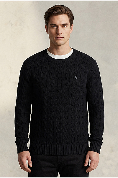 Ralph Lauren Černý Vlněný Pulovr S Copánkovým Vzorem Vel. US XXL