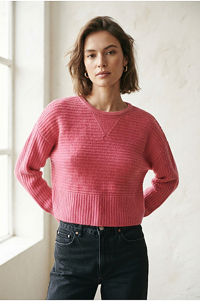 CC FASHION Růžový Vlněný Crop Pulovr Se Spadlými Rameny Velikost S