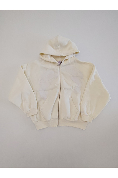 Béžová Bavlněná Oversized Mikina Na Zip S Kapucí Velikost M