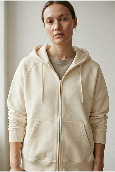URBAN CLASSICS Béžová Bavlněná Dámská Mikina Na Zip S Kapucí Velikost L