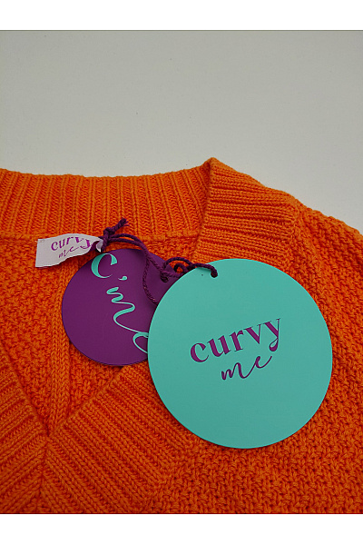 curvy me Oranžový pletený pulovr s výstřihem do V a spadlými rameny Vel. DE 44 | curvy me | obrázek 8