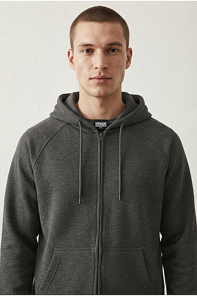 URBAN CLASSICS Pánská šedá Bavlněná Mikina Na Zip S Kapucí Vel. M