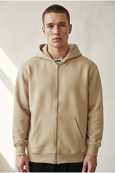 URBAN CLASSICS Béžová Bavlněná Mikina Na Zip S Kapucí A Klokaní Kapsou Velikost L
