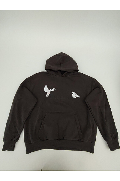 Dropsize Hnědá Bavlněná Oversized Mikina S Kapucí A Výšivkou Ptáků Streetwear Velikost XL