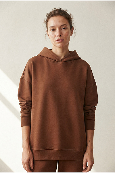 Dámská Hnědá Bavlněná Oversized Mikina S Kapucí Velikost S