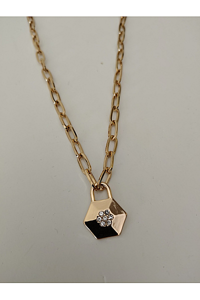 Zlatý náhrdelník s hexagon přívěskem a kamínky | Unimoda | obrázek 3