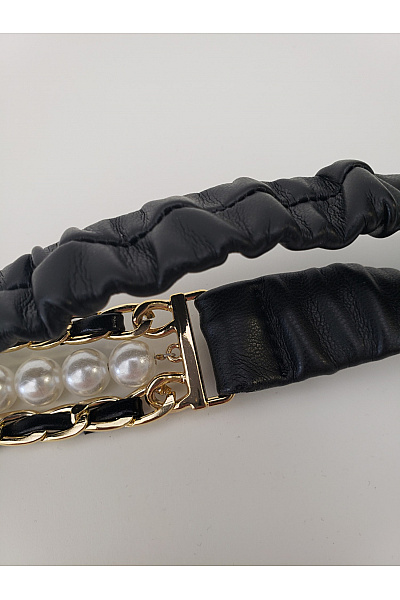 Černý luxusní dámský pásek s perlami a zlatým řetízkem | Unimoda | obrázek 5
