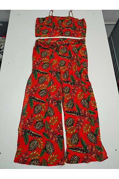 Boohoo Červený Letní Komplet Palazzo Kalhoty A Crop Top S Tropickým Vzorem Velikost EU 56