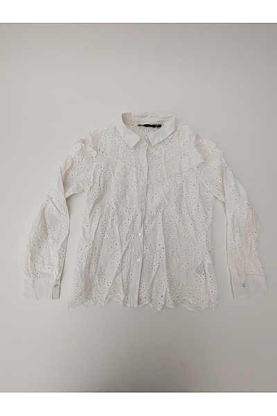 VERO MODA Bílá Bavlněná Madeirová Halenka S Dlouhým Rukávem A Volánky Vel. EU L