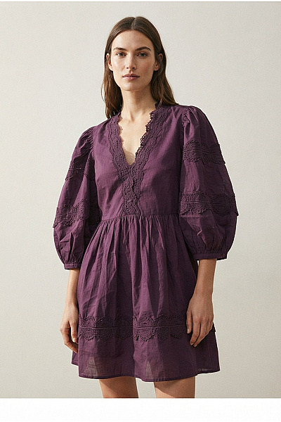 Oasis Fialové Bavlněné Mini šaty Boho Krajkové Velikost UK 8
