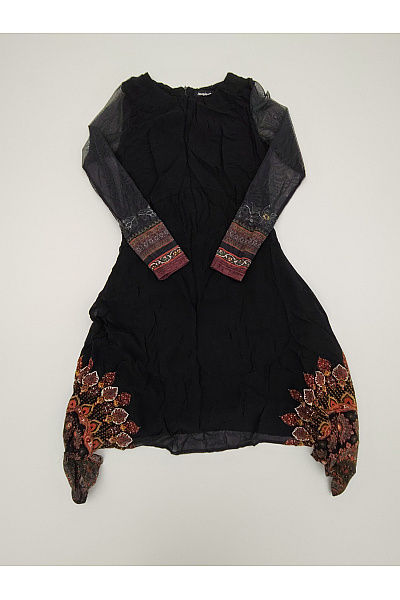 DESIGUAL Černé Boho šaty S Dlouhým Rukávem A Výšivkou Vel. S
