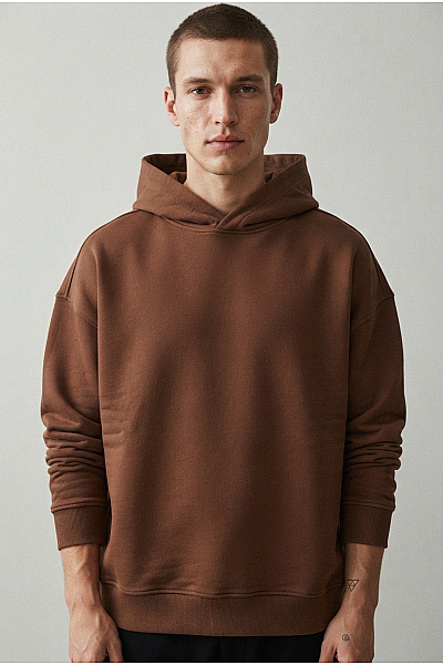 Pánská Hnědá Bavlněná Mikina S Kapucí Oversized Vel. S