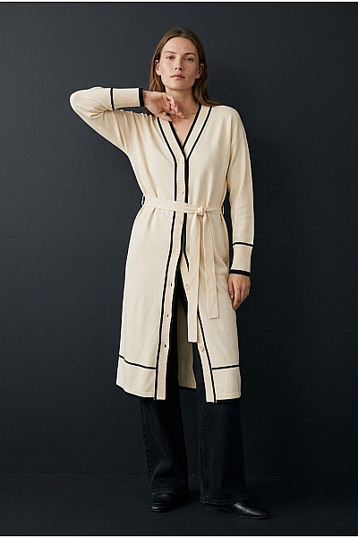 Marcel By Ostertag Béžový Pletený Kardigan Na Knoflíky Maxi Elegantní Vel. EU 40