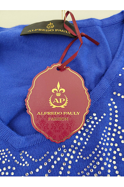 Alfredo Pauly Dámský modrý pulovr s výstřihem do V a kamínky Vel. DE 46 | Alfredo Pauly | obrázek 5