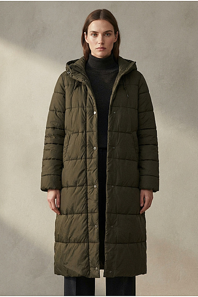 GERRY WEBER Dámská Khaki Prošívaná Dlouhá Zimní Bunda S Kapucí Velikost DE 36