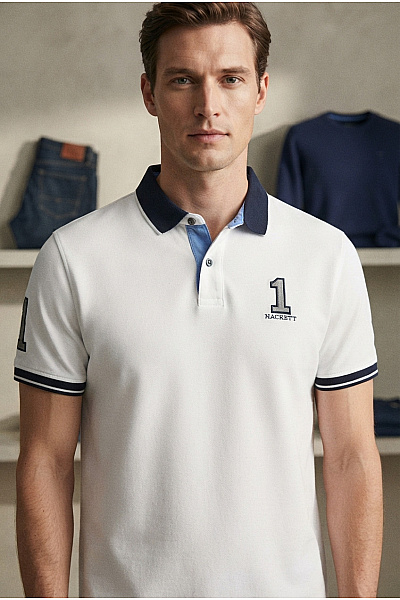 HACKETT Bílé Bavlněné Polo Tričko S Krátkým Rukávem A Nápisem Velikost XL