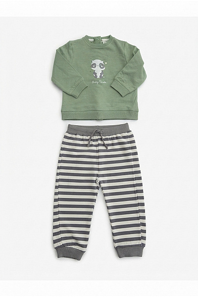Street Monkey Dětská Bavlněná Souprava Khaki Mikina A Pruhované Kalhoty Vel. 24