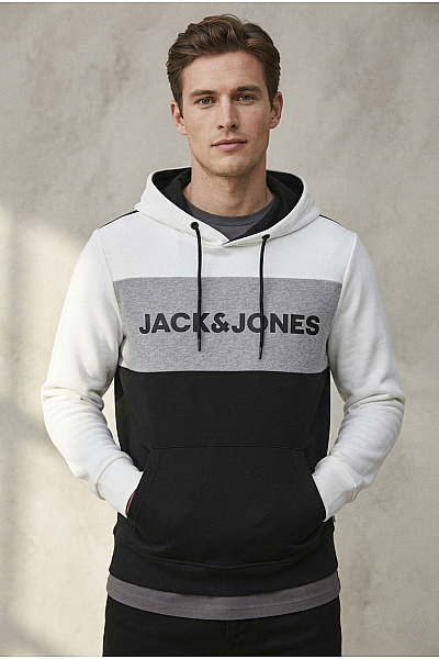 JACK & JONES Pánská Tříbarevná Mikina S Kapucí A Potiskem Vel. EU M
