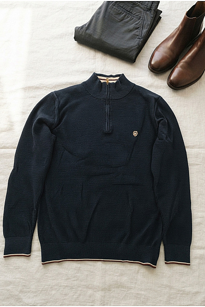 Williot Pánský Modrý Pletený Pulovr Se Stojáčkem Na Zip Velikost 2XL
