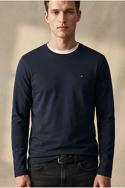 TOMMY HILFIGER Pánské Modré Bavlněné Tričko S Dlouhým Rukávem Basic Velikost L
