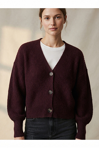 VERO MODA Fialový Pletený Crop Kardigan S Výstřihem Do V A Balonovými Rukávy Velikost EU S