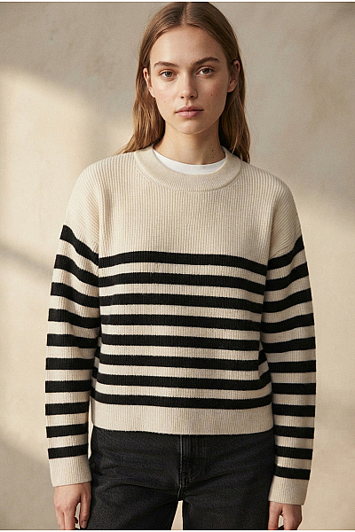 VERO MODA Béžový Pruhovaný Pletený Pulovr S Dlouhým Rukávem Vel. EU XS