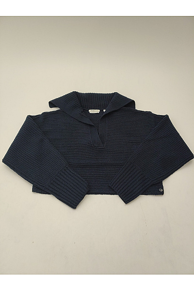 TOM TAILOR Modrý bavlněný crop pulovr s límečkem a výstřihem do V | TOM TAILOR | obrázek 2