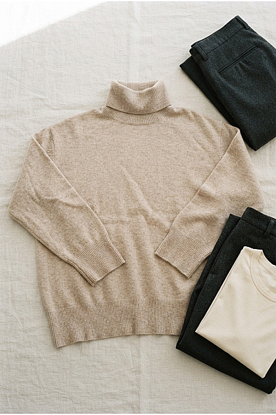 LAWRENCE GREY Béžový Kašmírový Rolák Oversized Basic Velikost EU 38